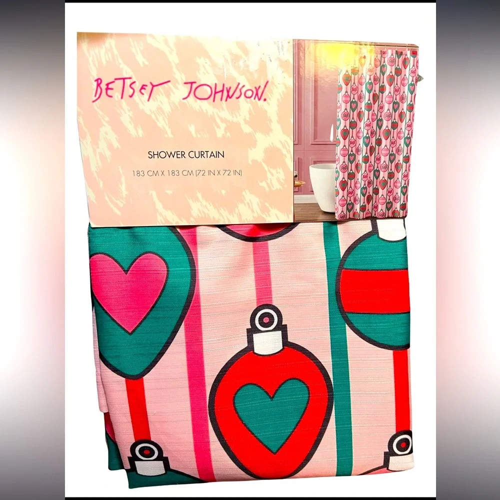 Betsey Johnson NWT Pink Red Green Christmas Bulbs Ornaments Shower Curtain